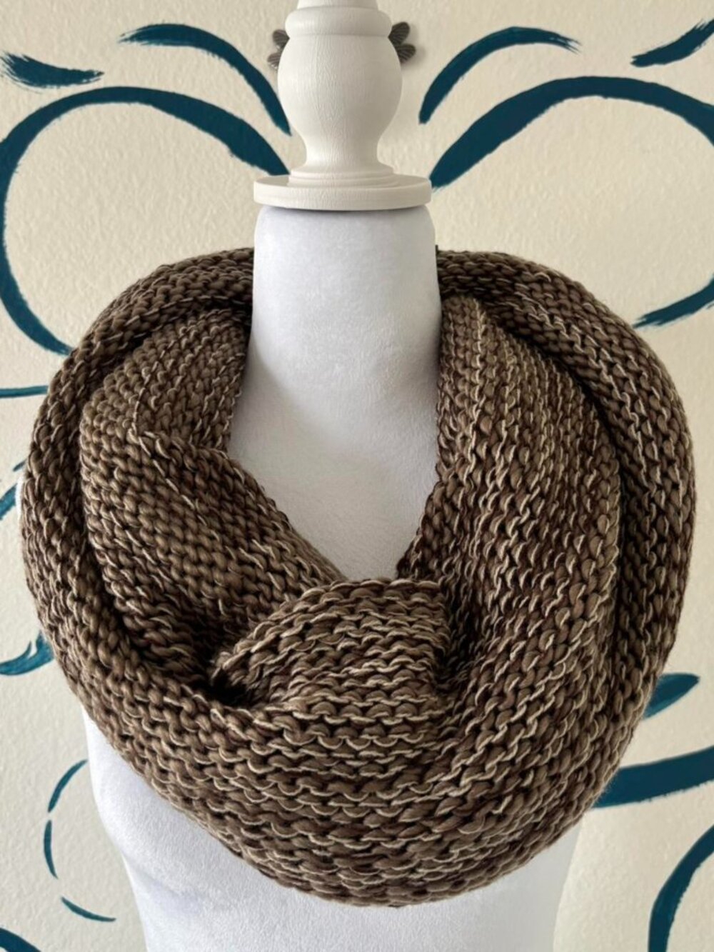 Soft brown and white knitted infinity scarf with tags